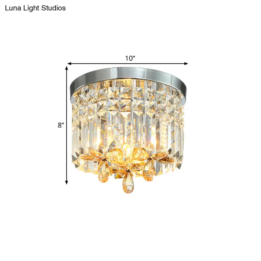 Chrome Cylinder Crystal Led Flush Light For Doorway - 10’/15.5’ Wide