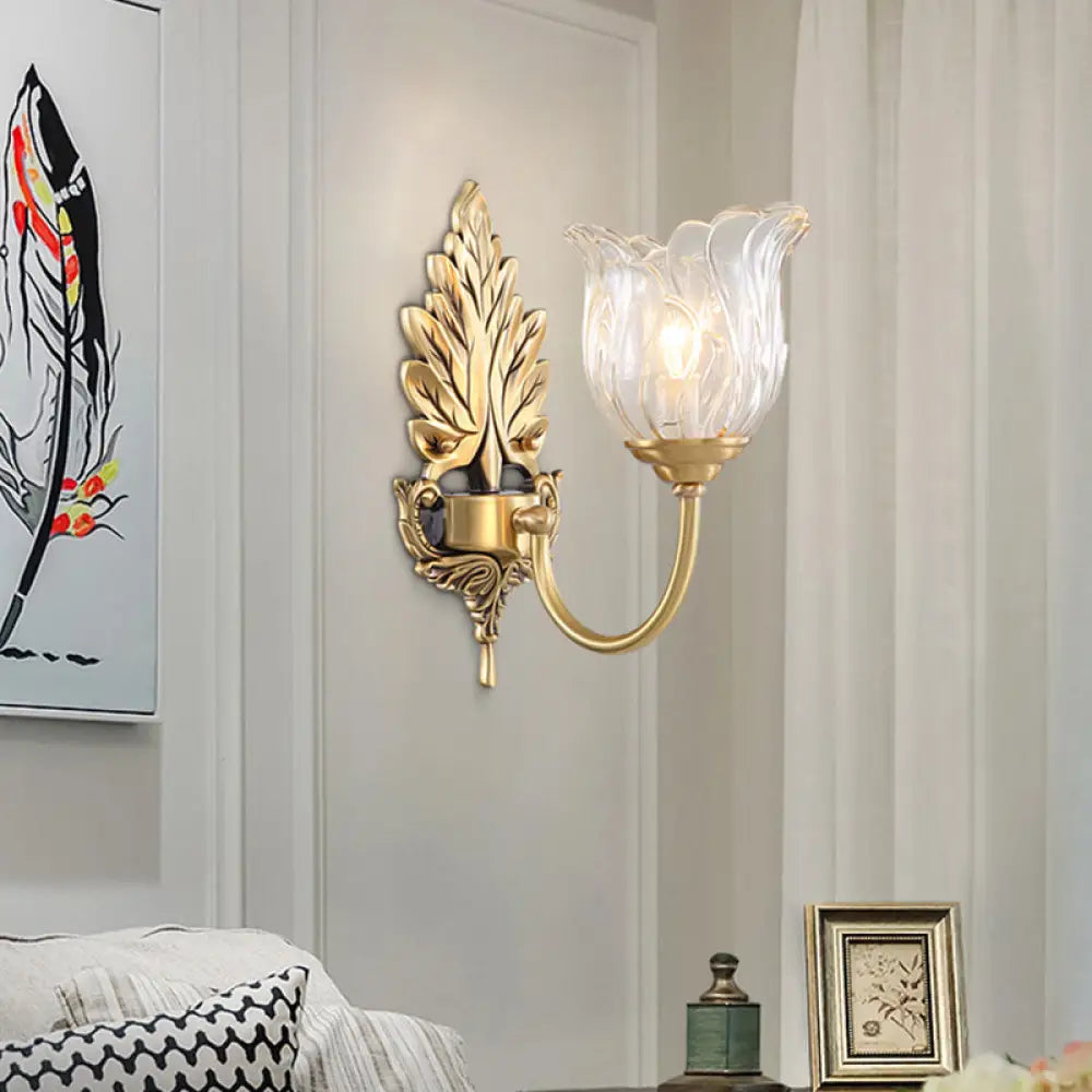Classic Gold Wall Sconce With Clear Fluted Glass - Bloom Living Room Mount Light 1 /