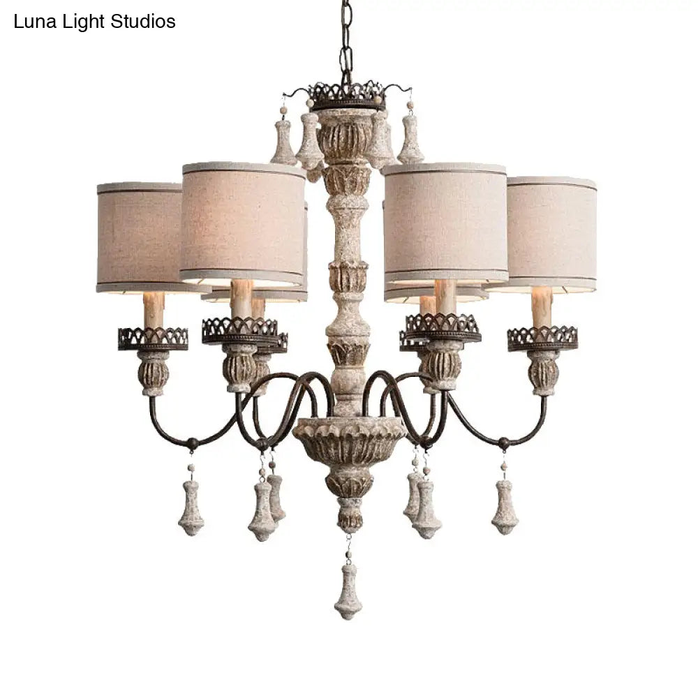 Classic Metal Curvy Arm Chandelier With 6 Bulbs - Distressed Wood Pendant Lamp For Living Room