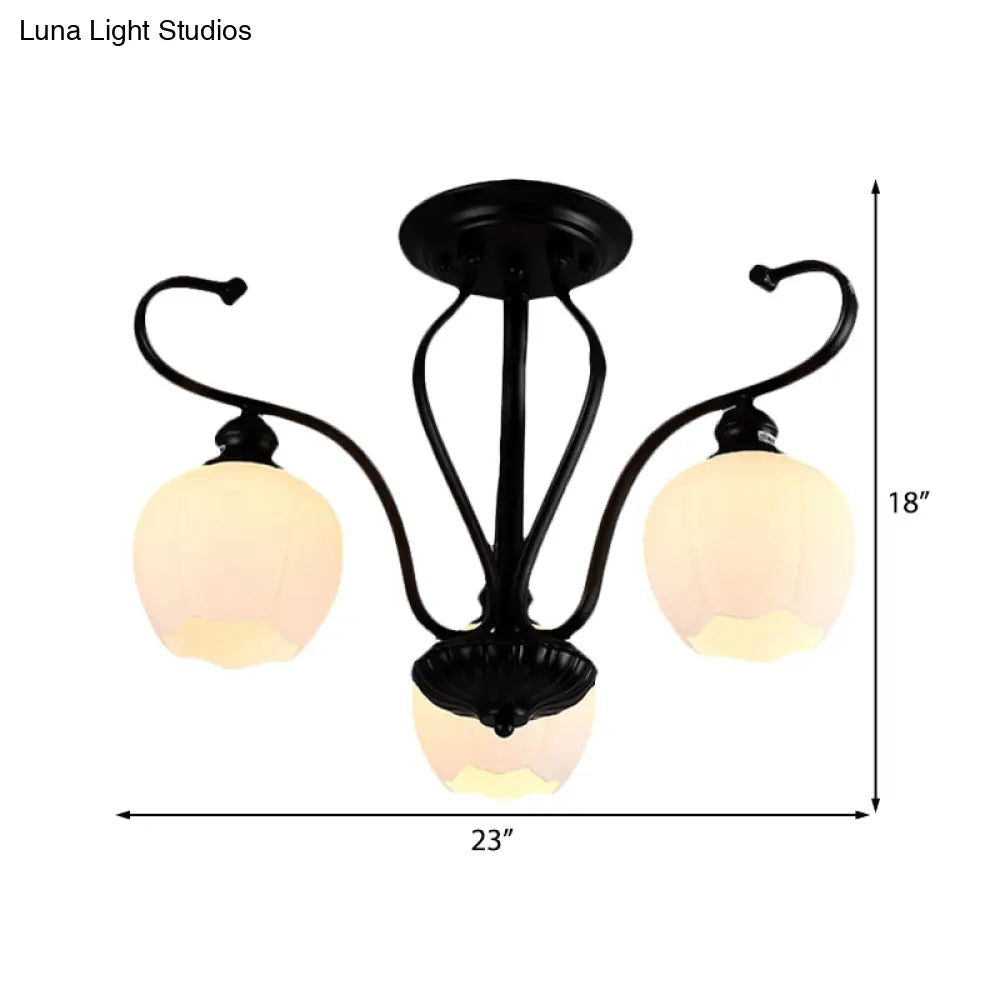 Classic White Glass Flower Shape Semi Flush Light For Living Room - 3/6/8 Lights Black Ceiling