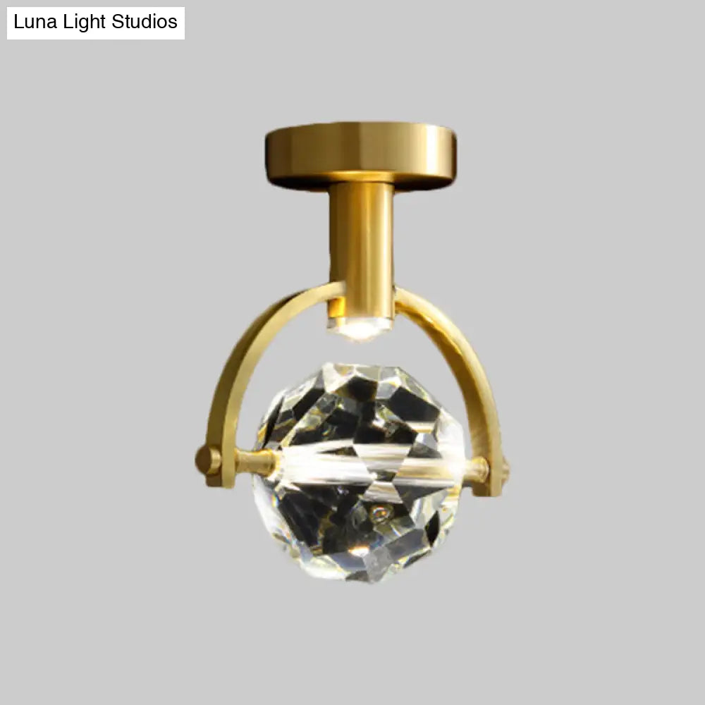 Clear Crystal Led Porch Ceiling Light: Beveled Hexahedron/Ball Semi Flush Mount Modern Brass