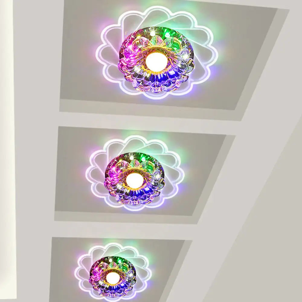 Clear Faceted Crystal Led Flush Mount Ceiling Light Fixture - Bedroom Lighting With Warm/Multi -