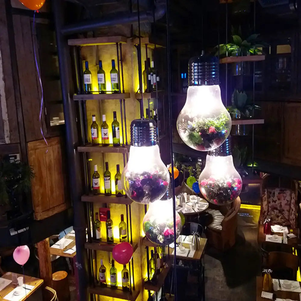 Clear Glass Bulb Pendant Lamp - Industrial Style 1-Light Hanging Light With Artificial Flower