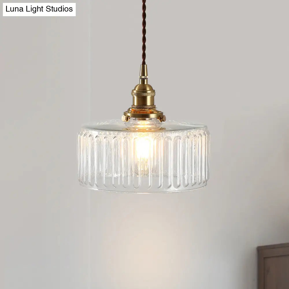 Clear Ribbed Glass Drum Pendant Lighting - Vintage 1-Light Lamp For Living Room