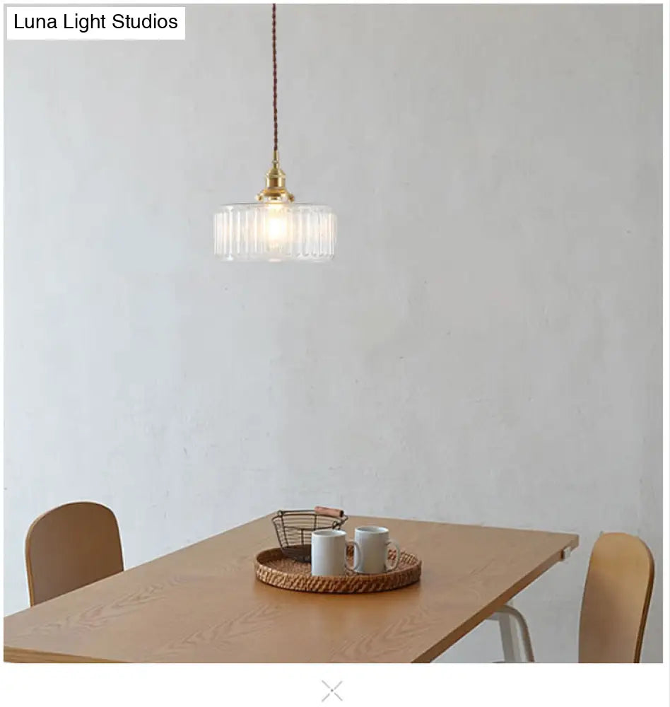 Clear Ribbed Glass Drum Pendant Lighting - Vintage 1-Light Lamp For Living Room