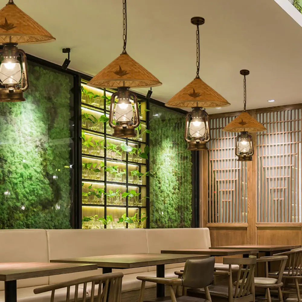 Coastal Lantern Pendant Lamp: Clear Glass Hanging Light Fixture With Bamboo Top Brass / B