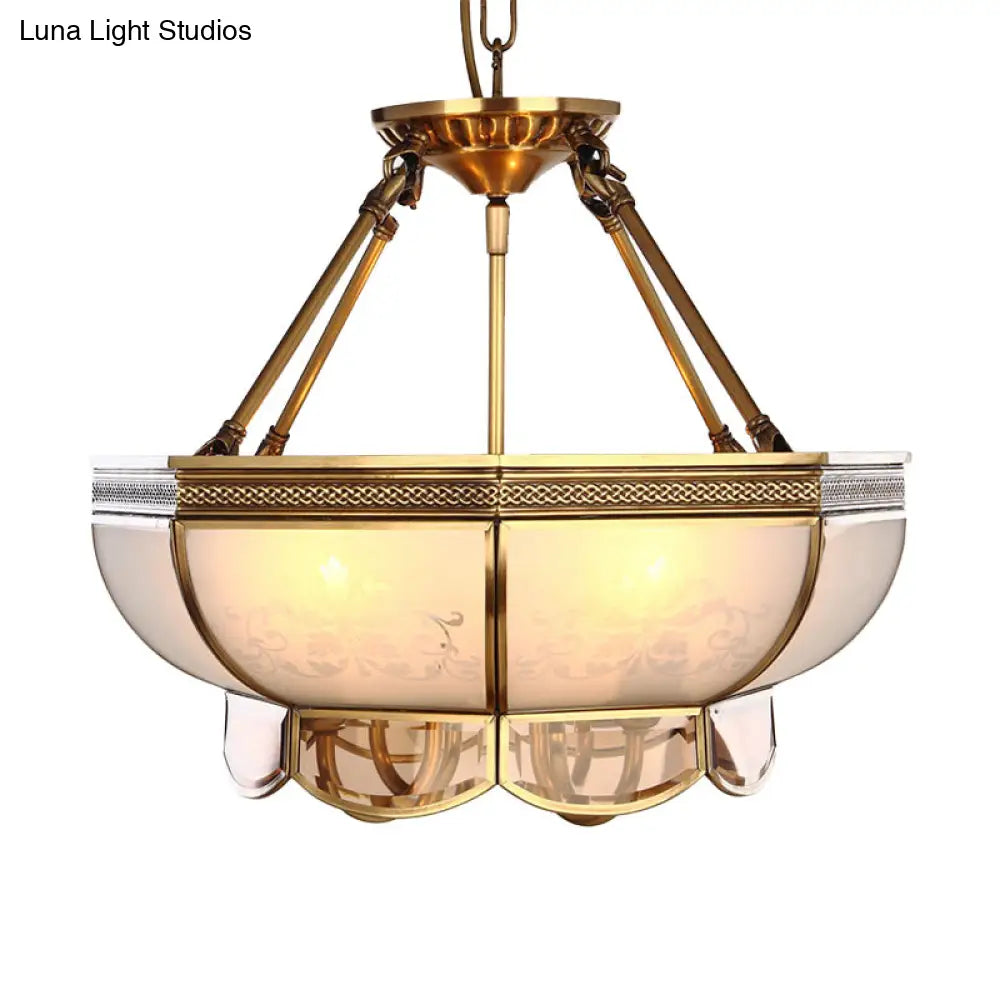 Colonial Brass Chandelier With 4 Frosted Glass Bulbs - Elegant Suspension Lamp For Your Living Room