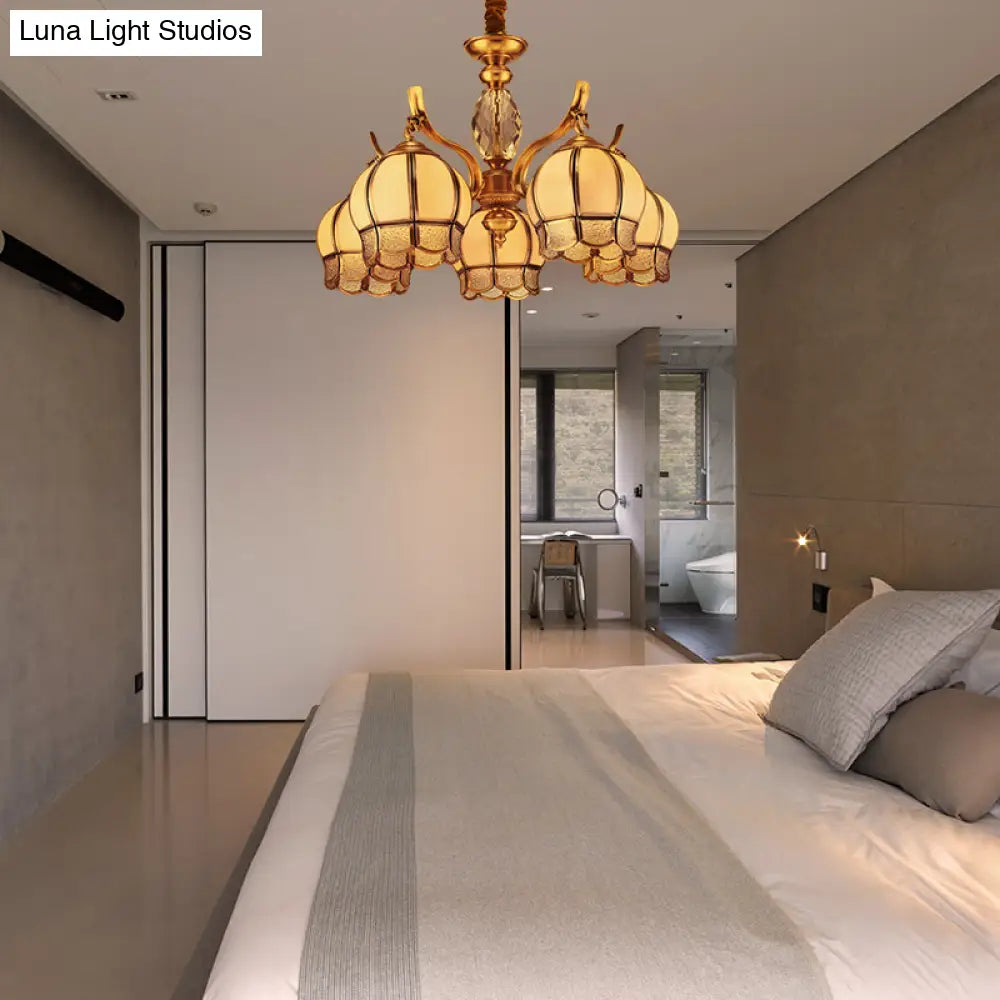 Colonial Frosted Glass 5-Light Gold Ceiling Chandelier - Bud Bedroom Pendant Light