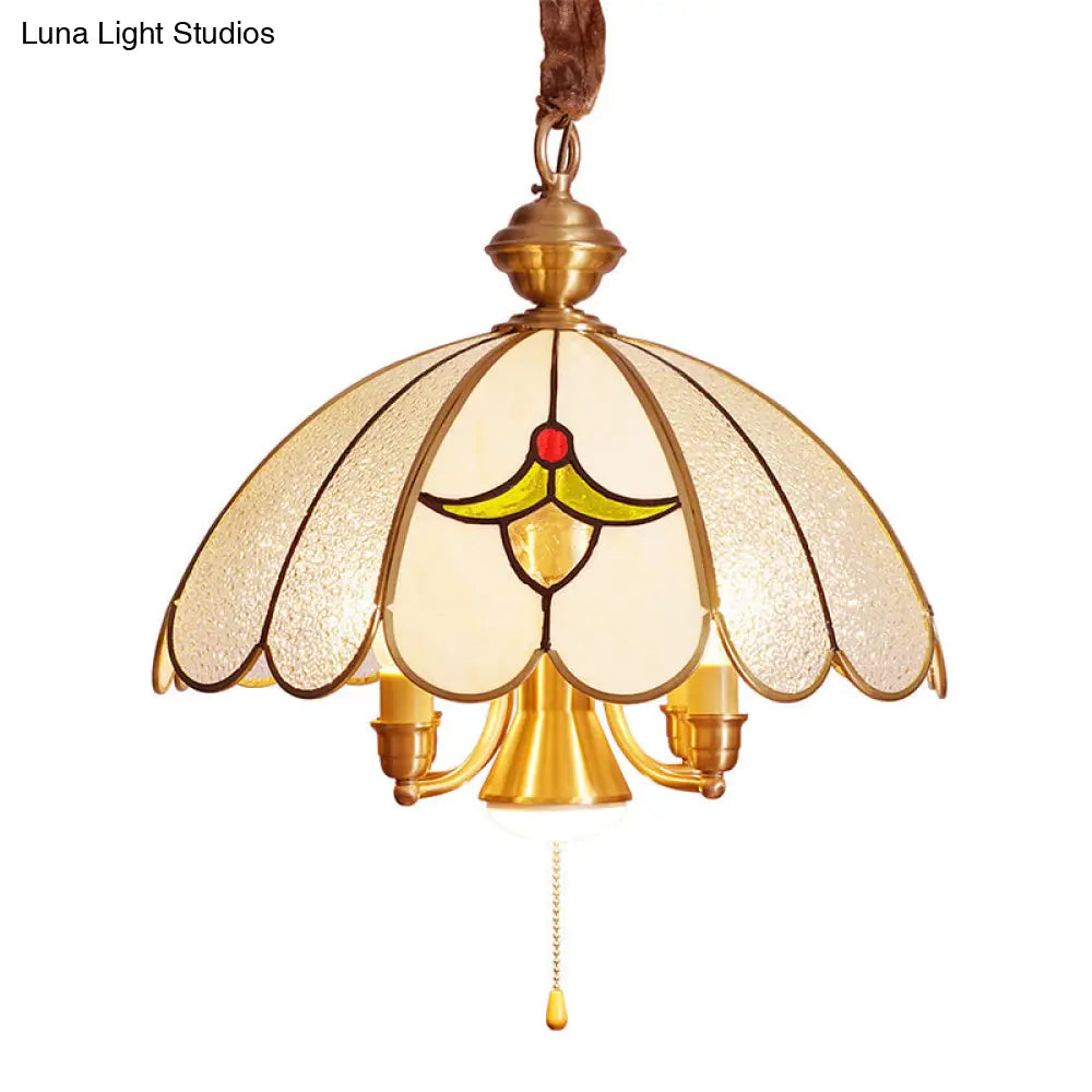 Colonial Gold Frosted Glass Chandelier - 5 Bulbs Scallop Pendant Lamp For Study Room
