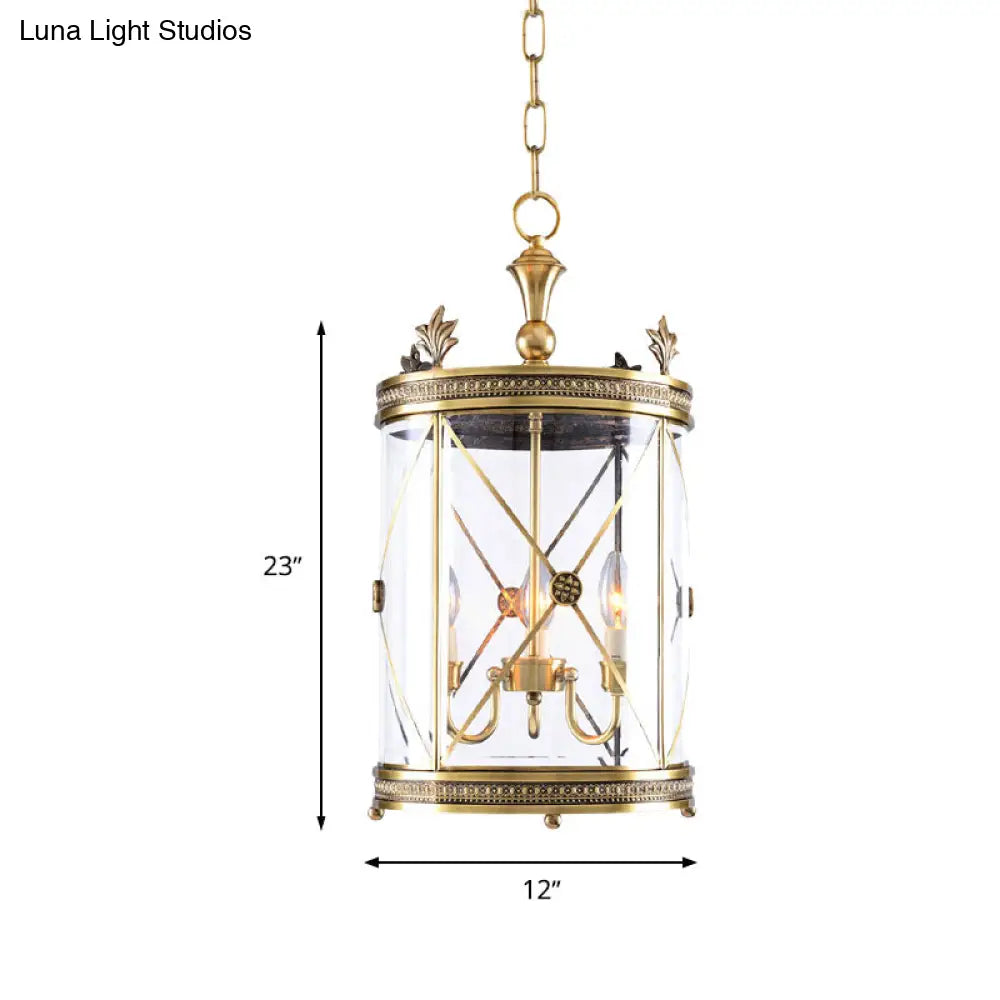 Colonial-Inspired Triple Head Clear Glass Chandelier In Gold - Cylindrical Pendant Lighting Fixture