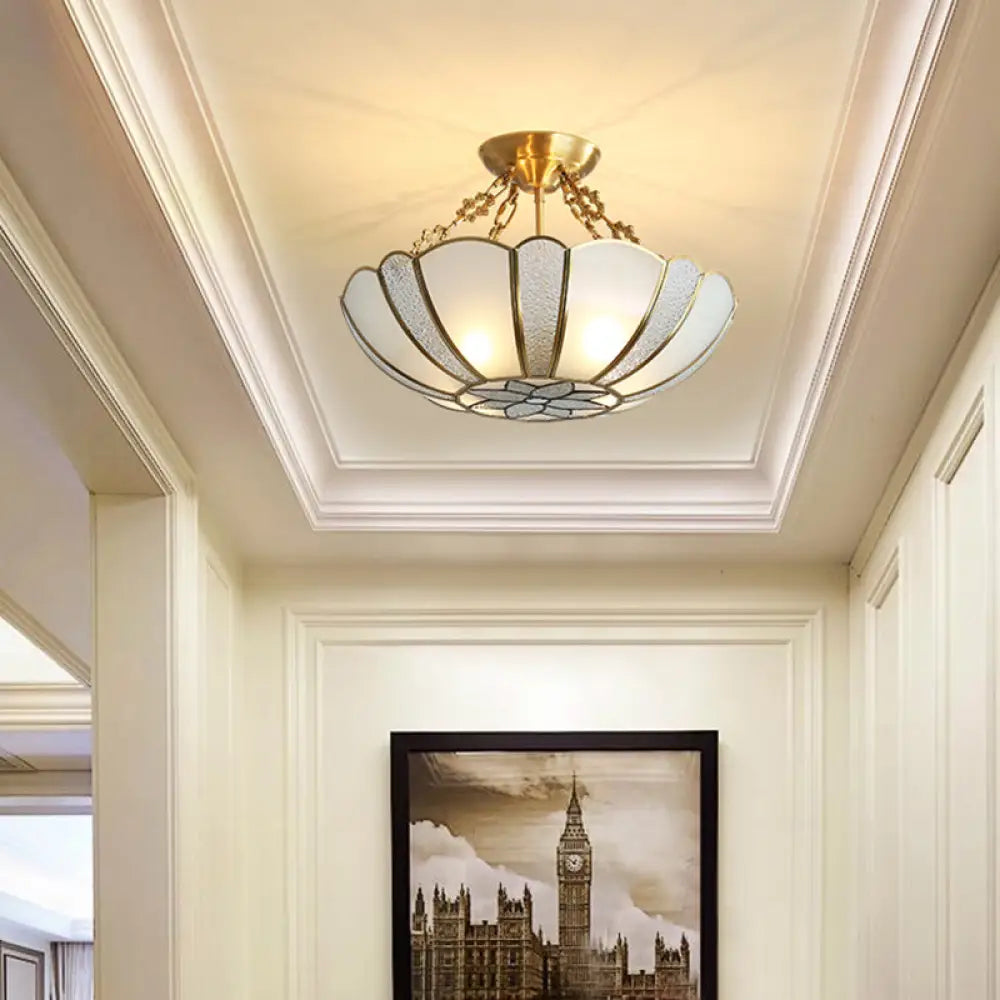 Colonial Style 4-Light Brass Chandelier With Textured White Glass - Dining Room Pendant Light