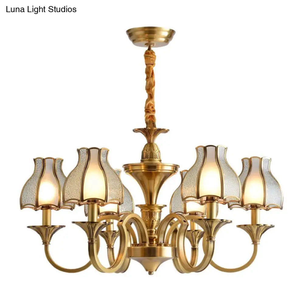 Colonial Style Gold Chandelier With Opal-White Glass Shades - 5/6 Heads