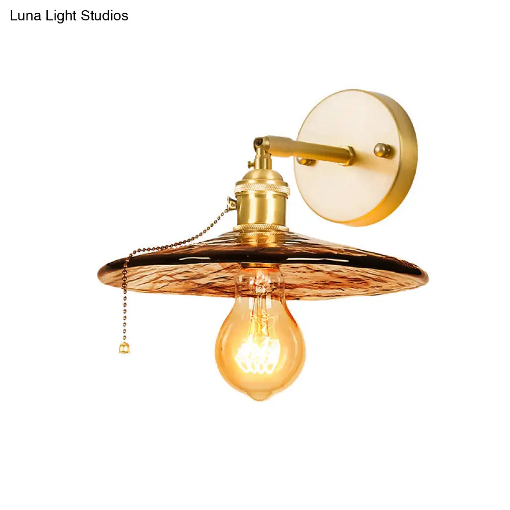 Colonial Wall Sconce In Tan Glass With Gold Saucer/Funnel Design - Bedroom Lighting Fixture