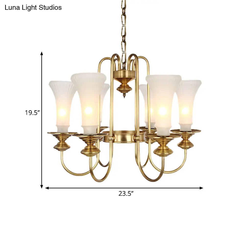 Colonial White Glass Floral Chandelier Light With Gold Accent - 3/6/8 Head Living Room Hanging Lamp