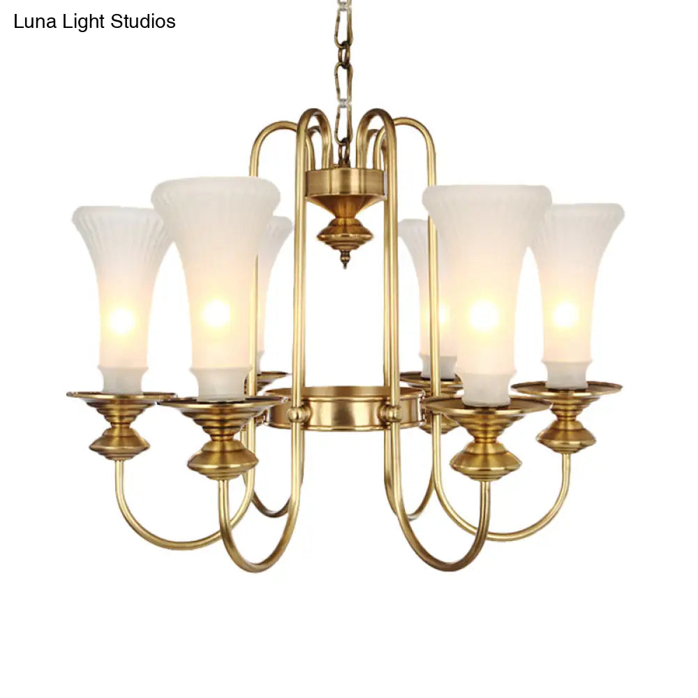 Colonial White Glass Floral Chandelier Light With Gold Accent - 3/6/8 Head Living Room Hanging Lamp