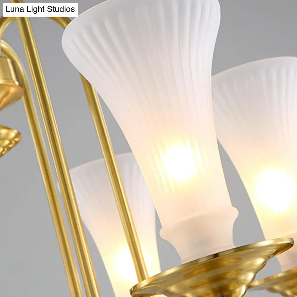 Colonial White Glass Floral Chandelier Light With Gold Accent - 3/6/8 Head Living Room Hanging Lamp