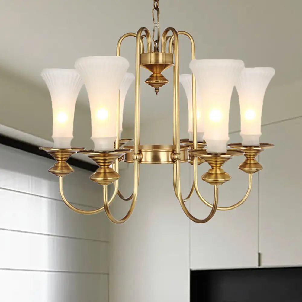 Colonial White Glass Floral Chandelier Light With Gold Accent - 3/6/8 Head Living Room Hanging Lamp