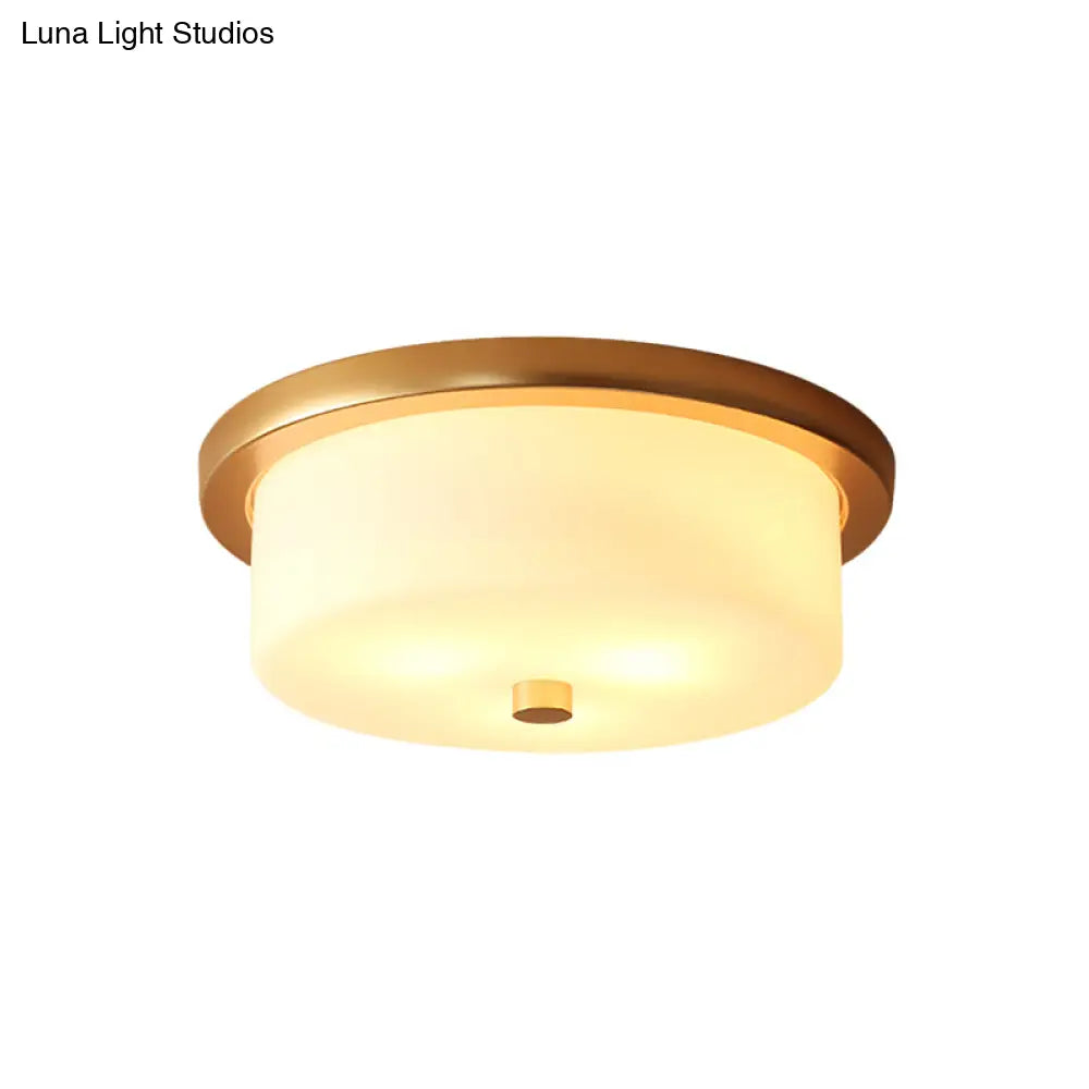 Colonial White Handblown Glass Drum Flush Mount Light With 3 Bulbs