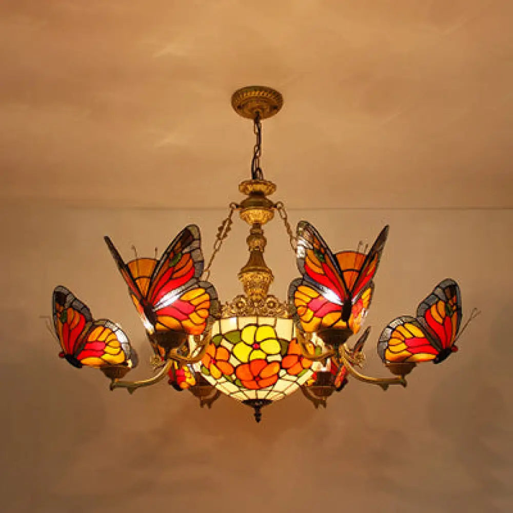 Colorful Glass Butterfly Chandelier With Red Flower/Rose Dome Shade For Staircase / Flower