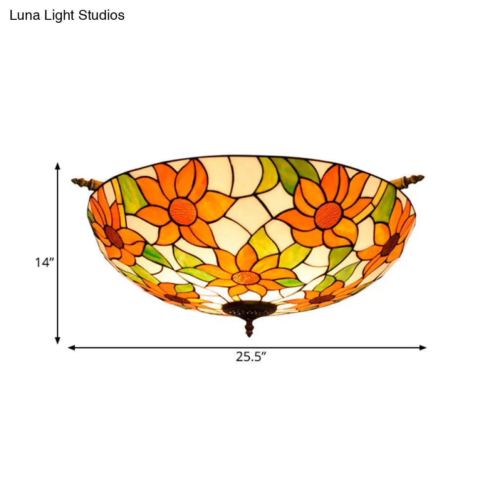 Colorful Stained Glass Flower Ceiling Fixture With 5 Tiffany Style Lights - Pink/Yellow/Blue Semi