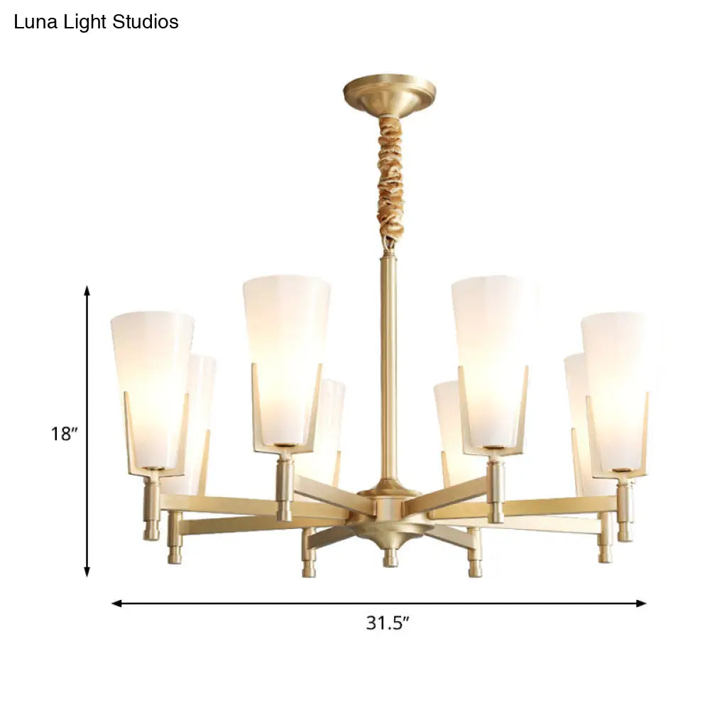 Conical Chandelier With White Opal Glass Pendant - 6/8 Heads Colonial Style Living Room Lighting