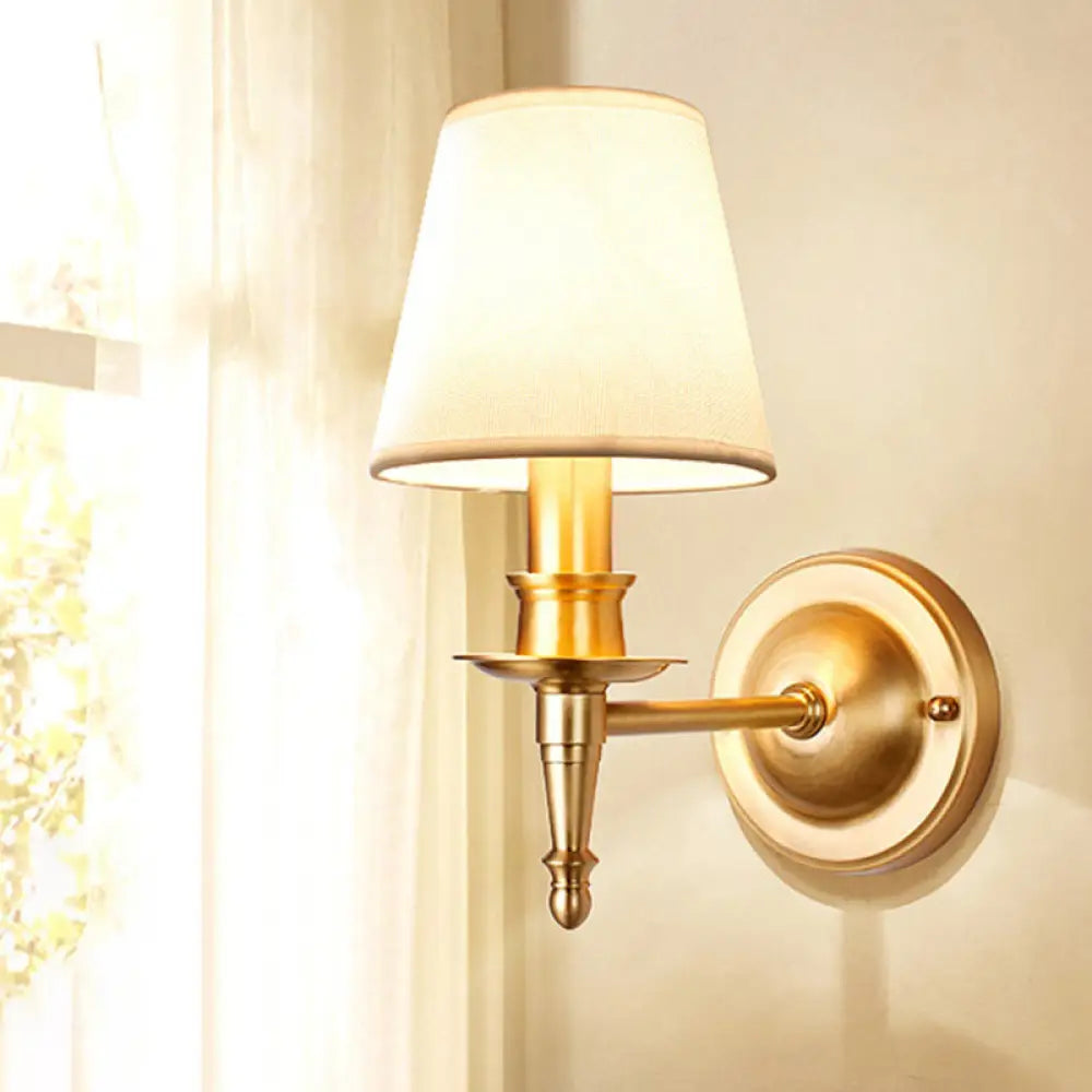 Conical Wall Light With Single-Bulb Fabric Shade Candle Design - Gold Finish / A