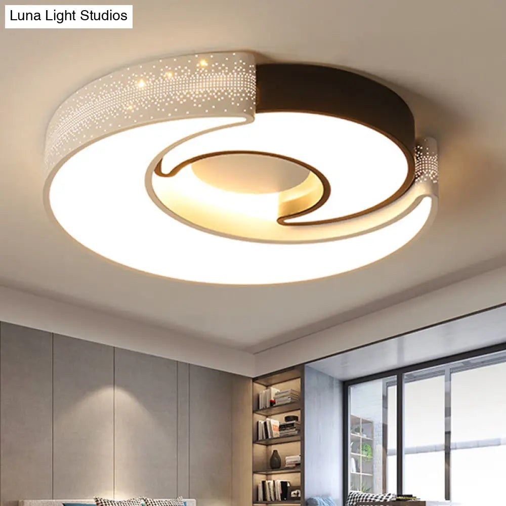 Contemporary 2 - Moon Led Flush Ceiling Light For Kid’s Bedroom - Metal Acrylic Black & White