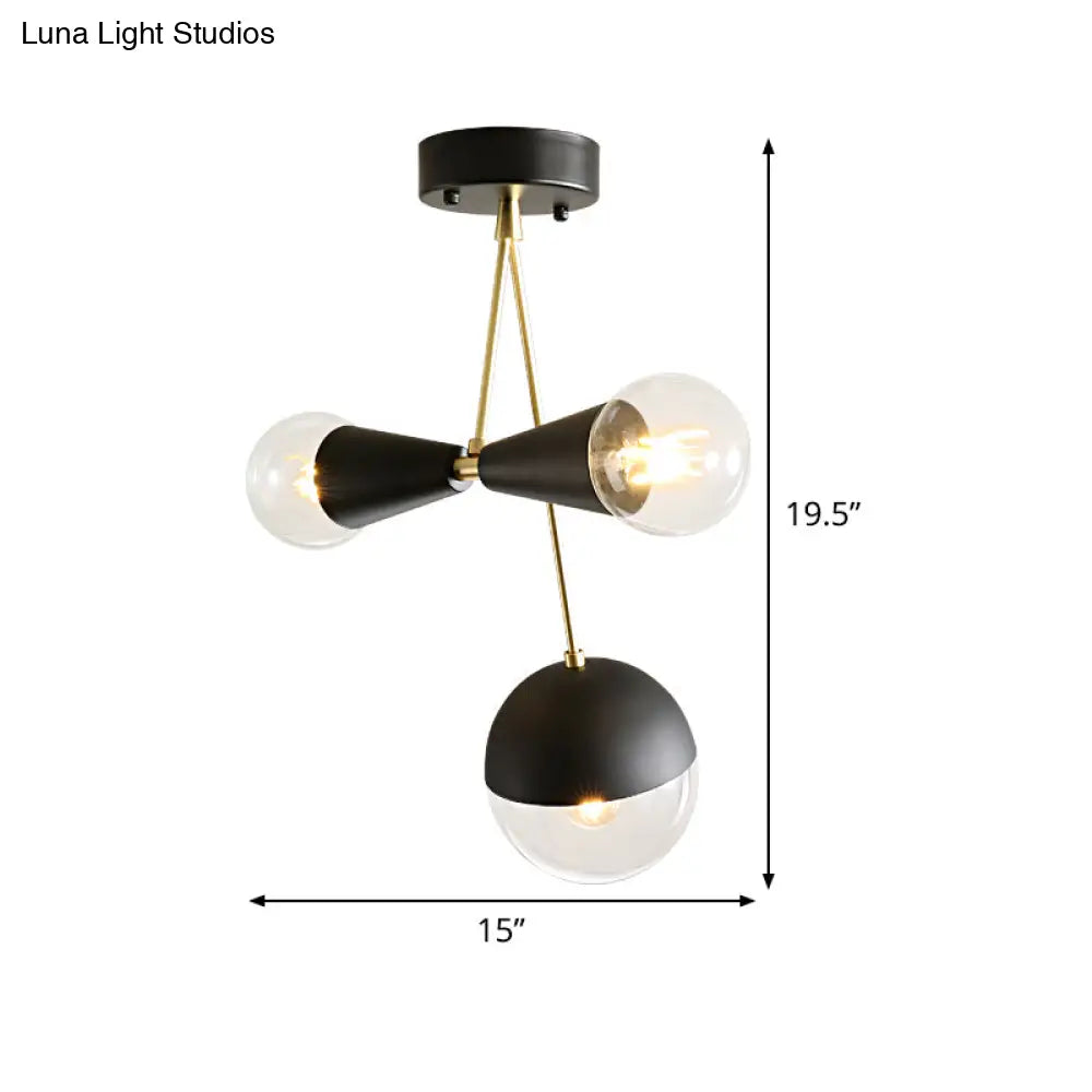 Contemporary Black Ball And Hourglass Semi Flush Mount Ceiling Light With 3 Bulbs – Clear Glass