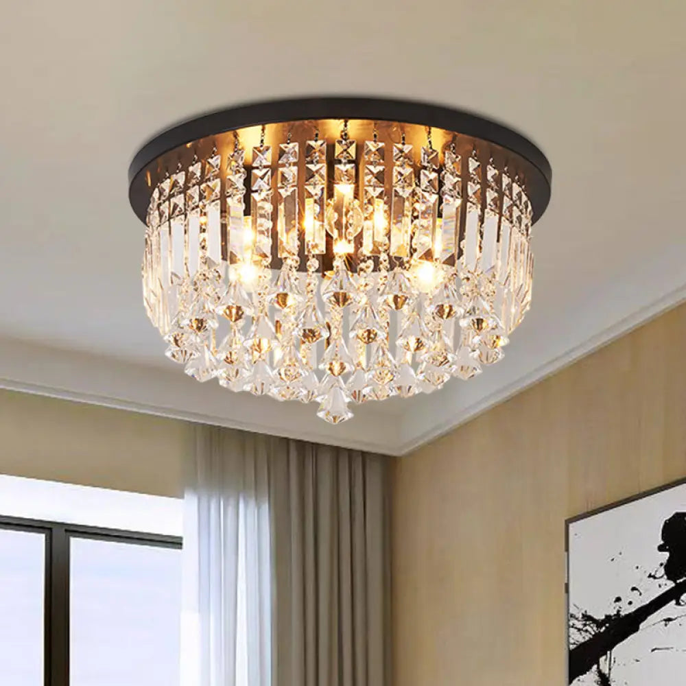 Contemporary Black Crystal Cascade Ceiling Light For Bedroom - 9 - Light Flush Mounted Fixture / A