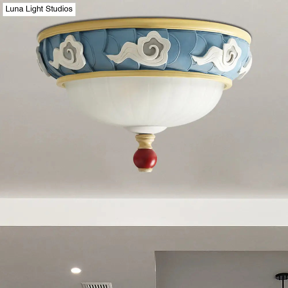 Contemporary Blue Dome Resin Flush Mount Lamp - 3 Head Ceiling Light For Bedroom