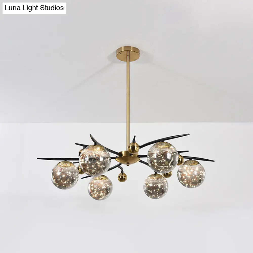 Contemporary Brass Globe Chandelier With Glowworm Design - 4/6 Lights Smoke Gray Glass Radial