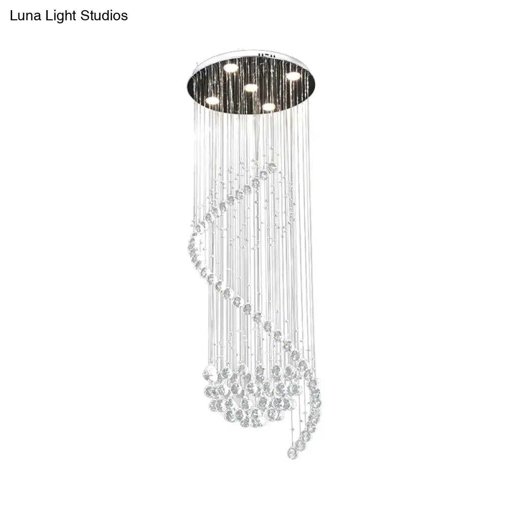 Contemporary Clear Crystal Spiral Pendant With 5 Led Lights - Stylish Living Room Hanging Lamp