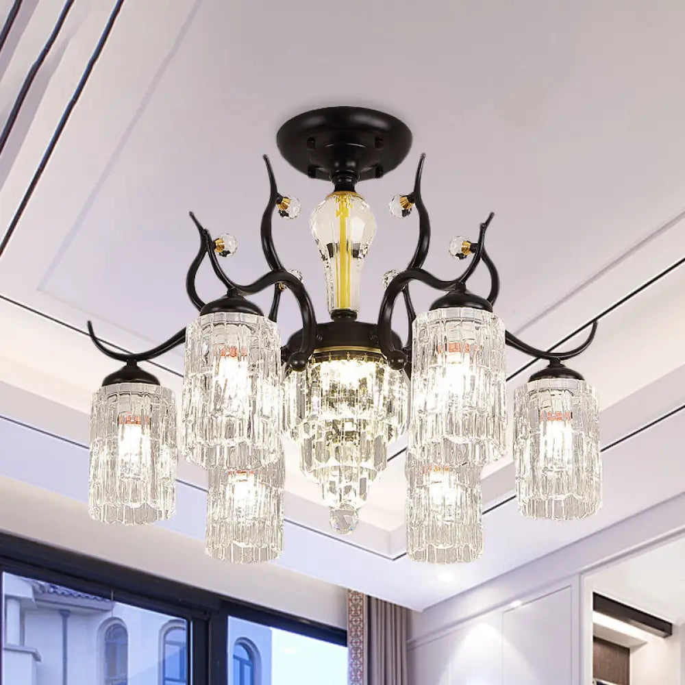 Contemporary Crystal Black Flush Chandelier -Cylindrical Bedroom Semi Ceiling Mount Lamp (3/6