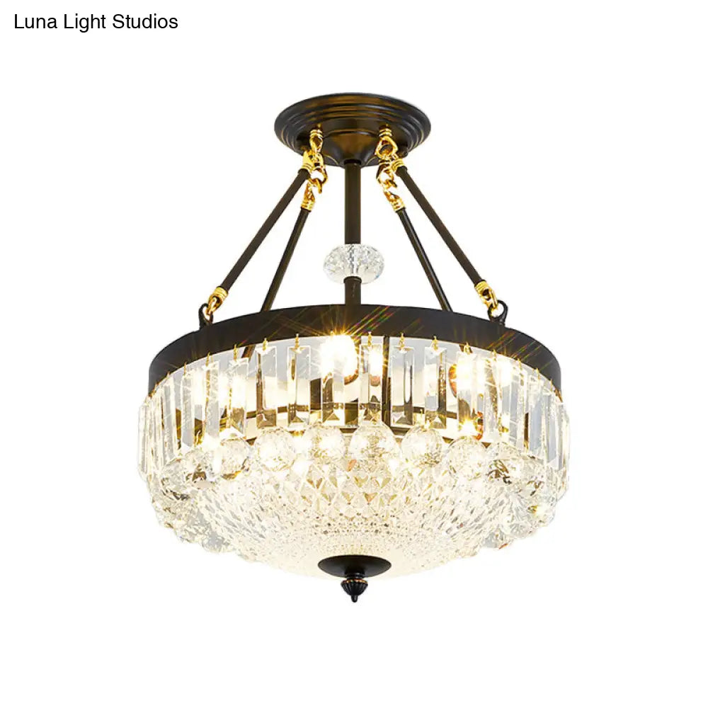 Contemporary Crystal Bowl Semi Flush Light - 4/6 Heads 14.5’/18.5’ Width Ceiling Mount Black Frame