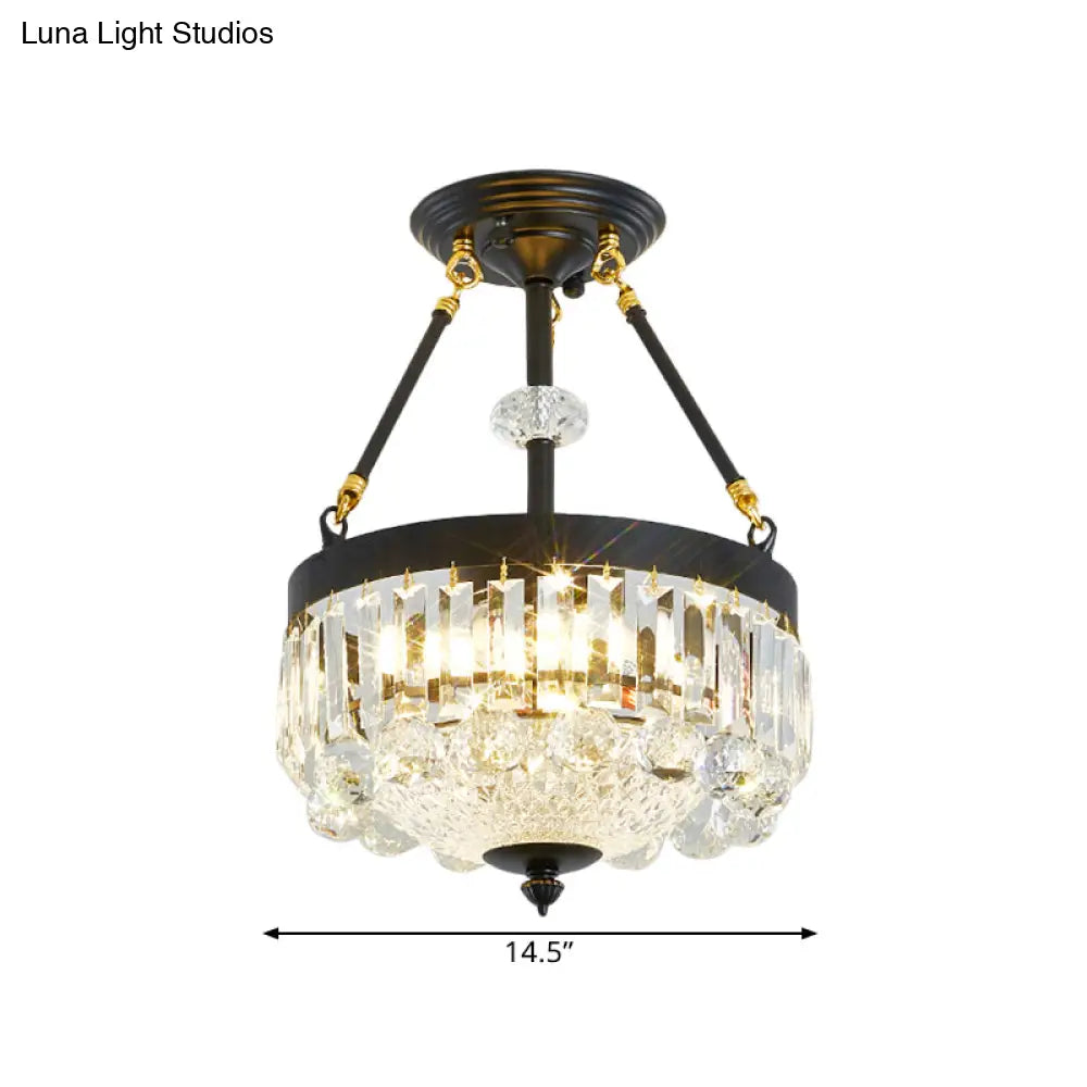 Contemporary Crystal Bowl Semi Flush Light - 4/6 Heads 14.5’/18.5’ Width Ceiling Mount Black Frame