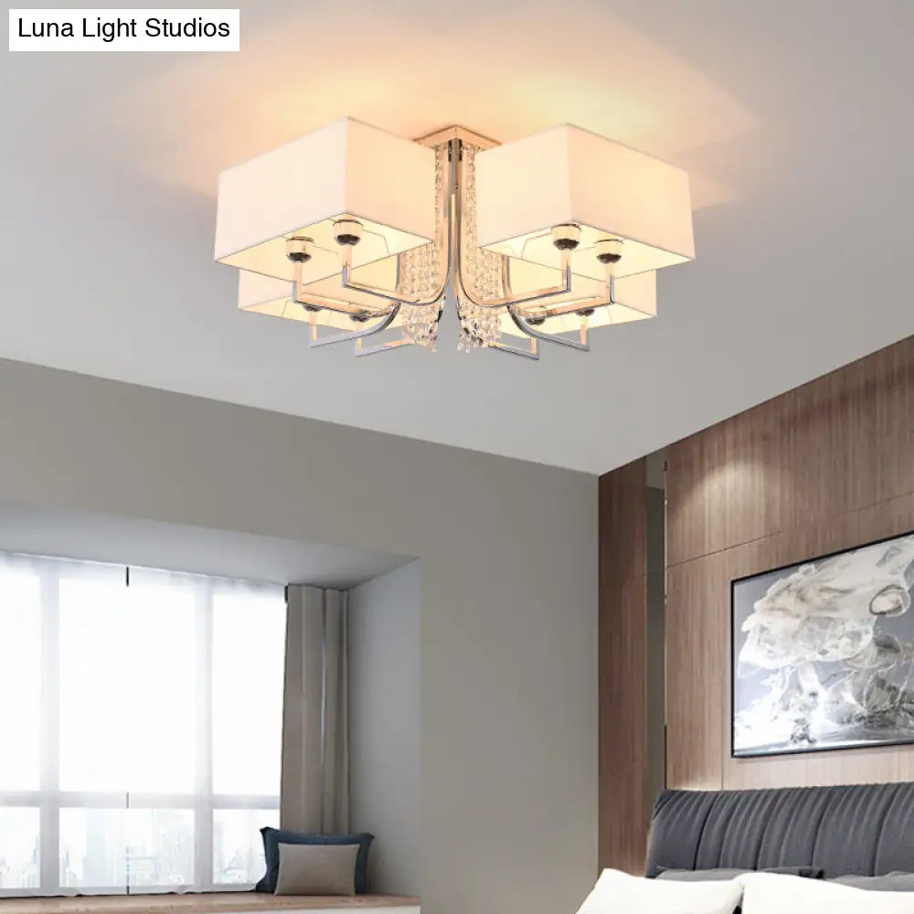 Contemporary Crystal Drop Ceiling Light Fixture With White Cubic Fabric Shade 23.5’/31.5’ Wide