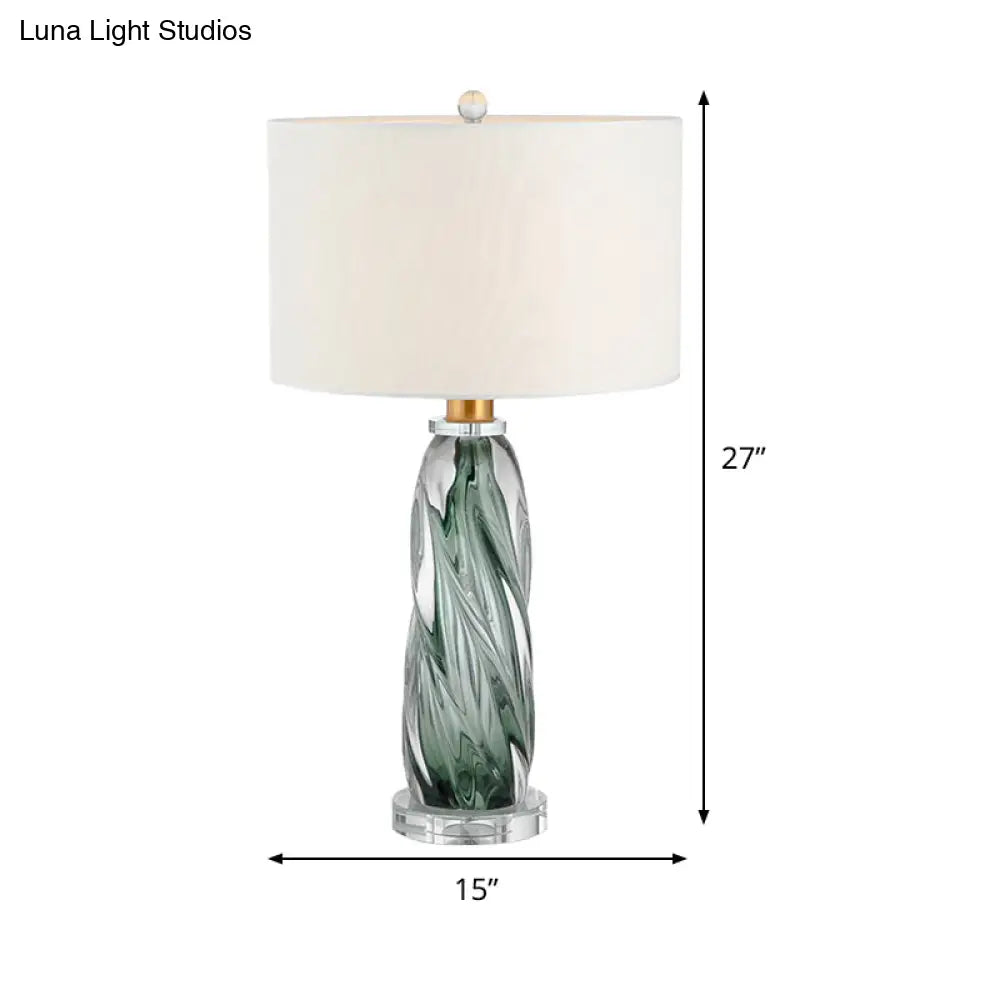 Contemporary Fabric Cylindrical Task Light - White Nightstand Lamp With Pewter Glazed Crystal Base