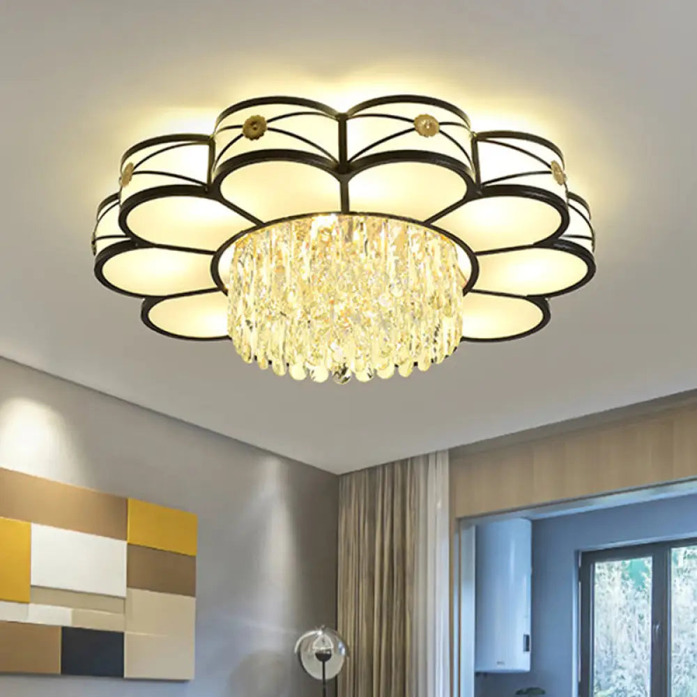 Contemporary Floral Draping Ceiling Lamp - 4/10 Bulbs Clear Crystal Black Finish 16’/28.5’ Wide