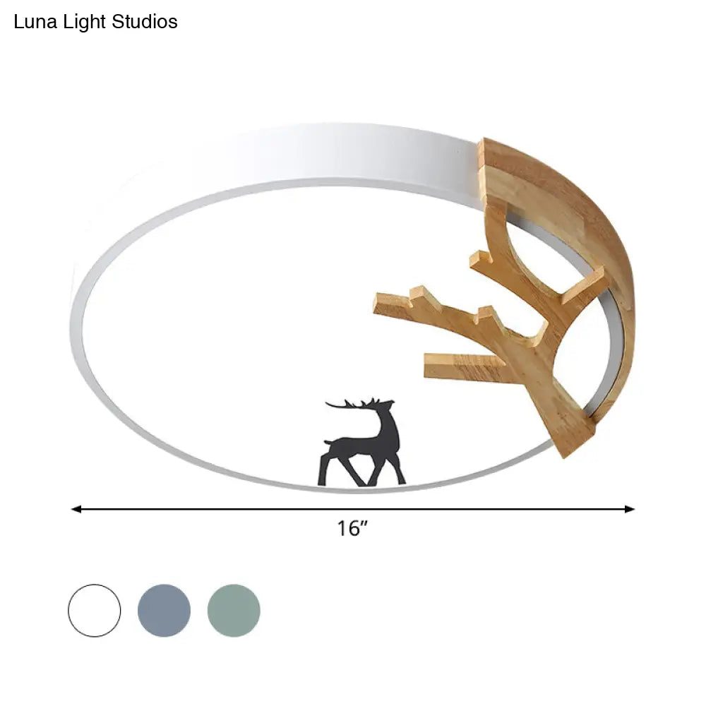 Contemporary Led Acrylic Drum Flush Mount Lighting - Green/White/Gray Ceiling Light With Deer
