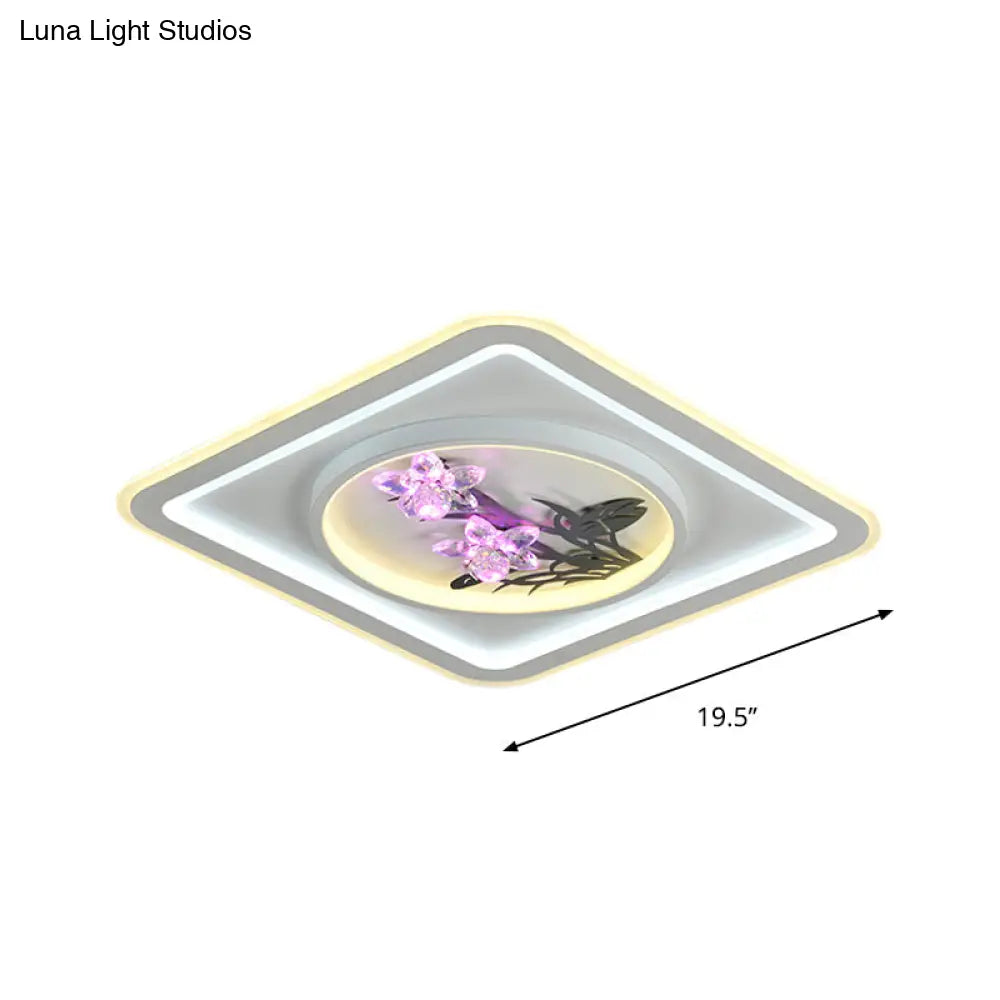 Contemporary Led Metal Ceiling Fixture: White Round/Square Flush Mount Lamp With Crystal Flower Deco