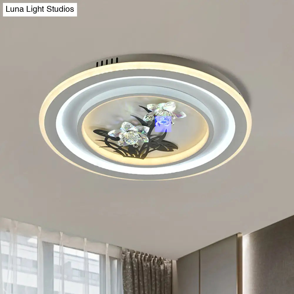 Contemporary Led Metal Ceiling Fixture: White Round/Square Flush Mount Lamp With Crystal Flower Deco