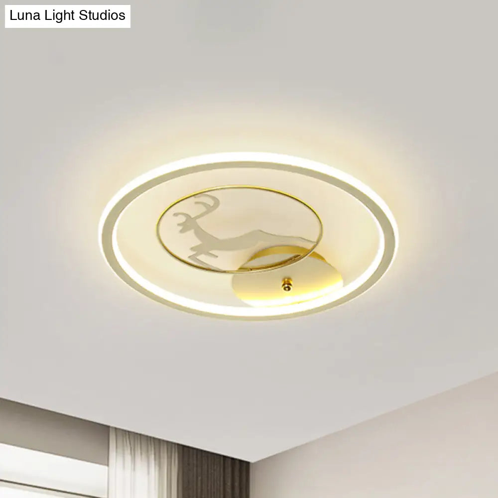 Contemporary Led Metal Ceiling Mount Fixture With Gold Round Flush Light And Elk Pattern Sizes: