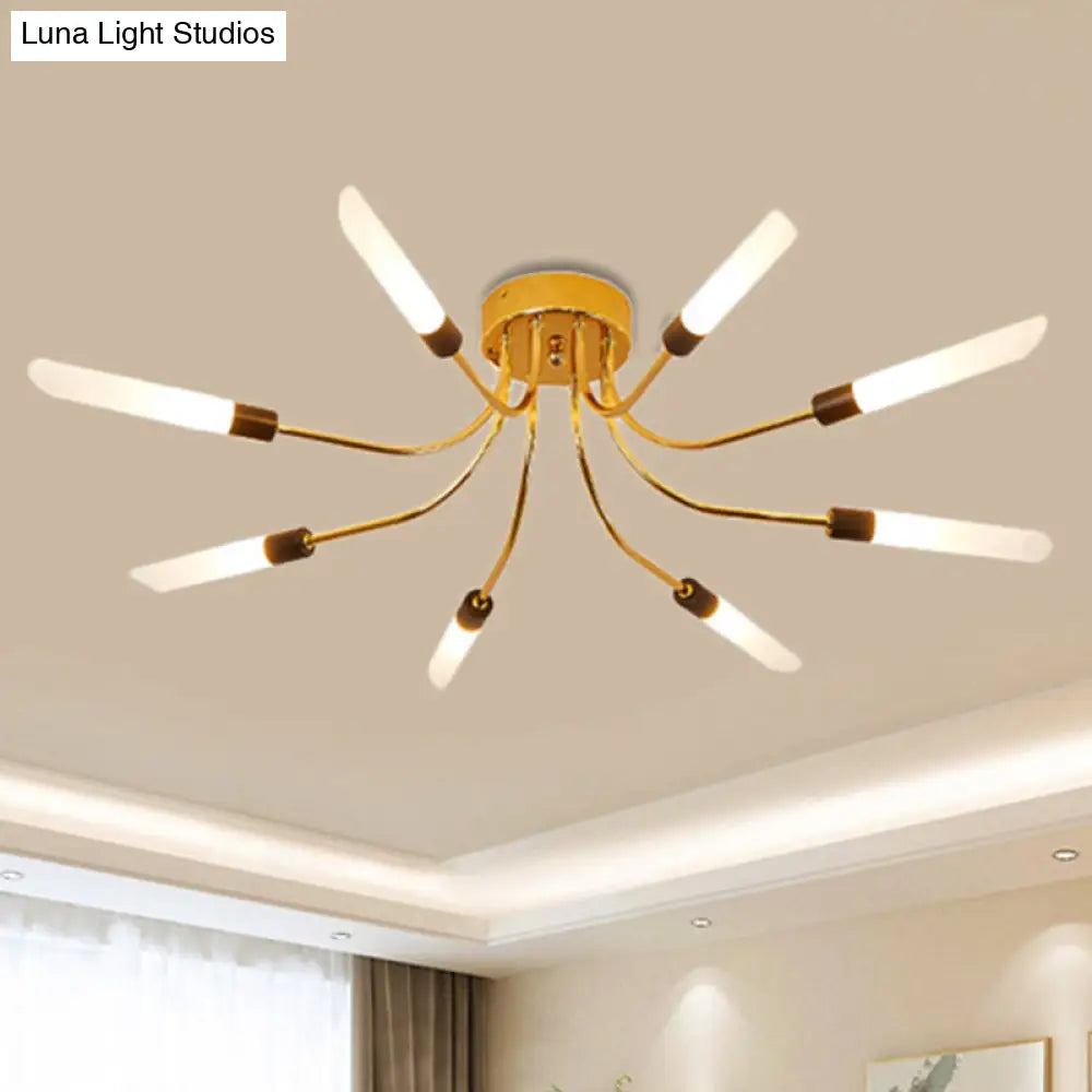 Contemporary Metal Sputnik Semi Flush Mount Lamp With White Glass Tube Shade - 6/8 Led Gold Lights