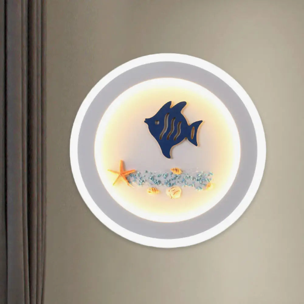 Contemporary Style Led Wall Light Fixture - White Round Acrylic Lamp With Fish And Sea Star Pattern