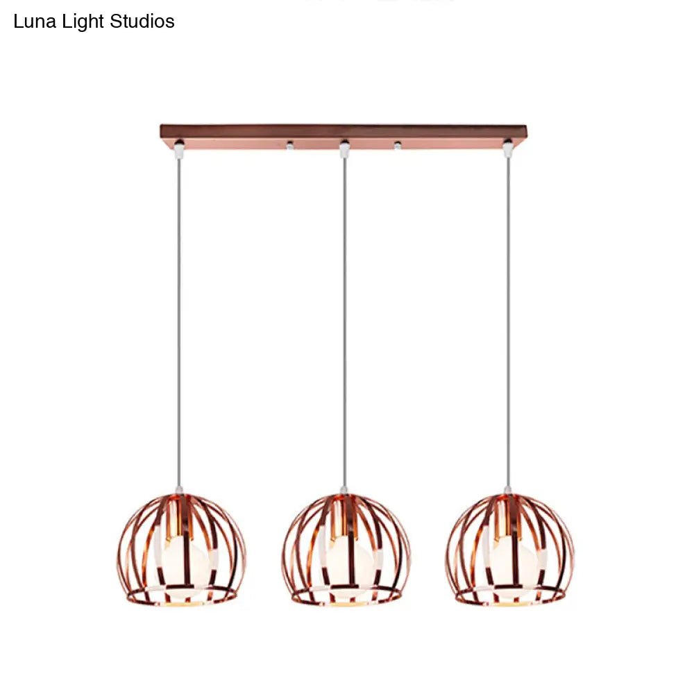 Copper Industrial Pendant Lamp With 3 Metal Dome Shades And Wire Cage - Perfect For Living Room