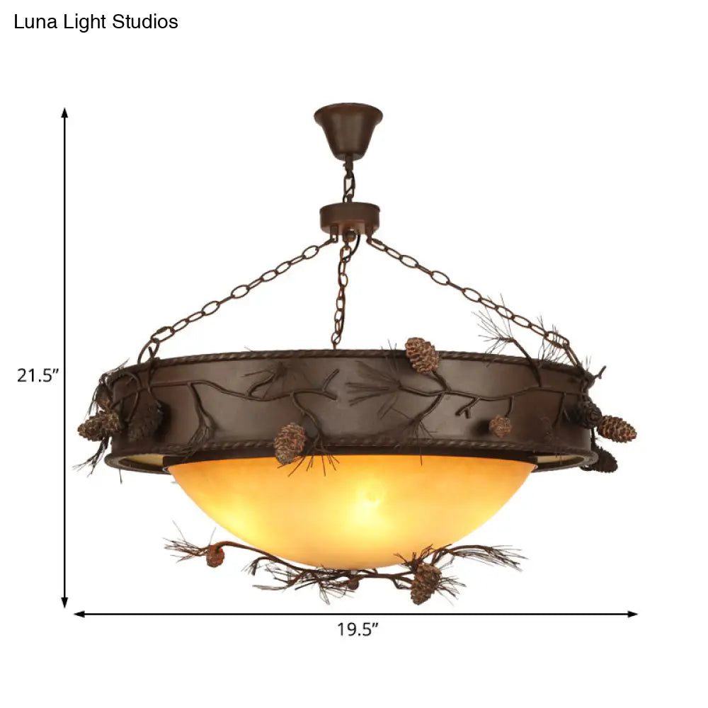 Country Bowl Frosted Glass Hanging Chandelier In Red Brown With Pinecone Accents - 4-Light Ceiling