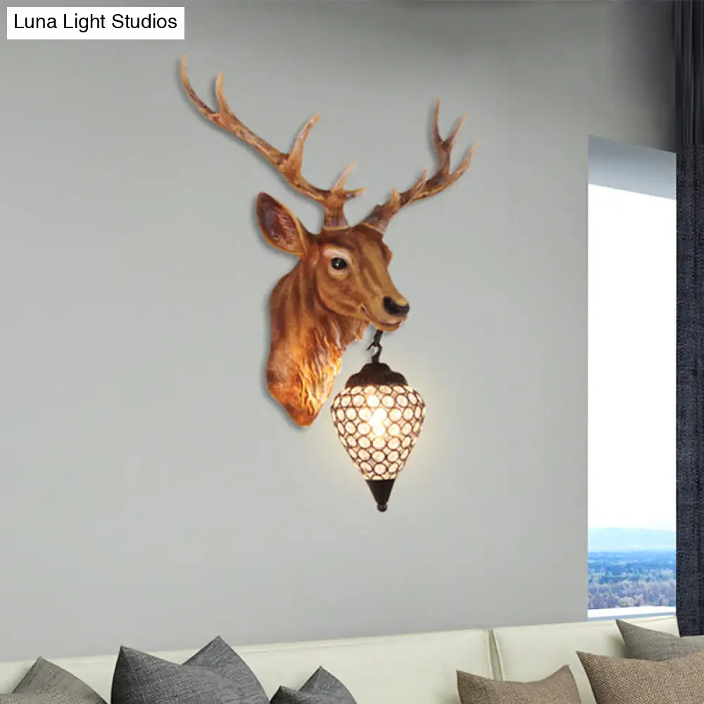 Country Crystal Wall Sconce Lamp With Deer Head Teardrop Beveled Design - 15/20.5/24.5 Wide 1