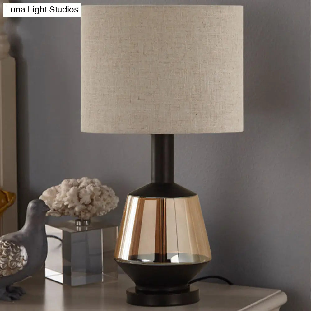 Country Cylinder Nightstand Lamp With Urn Amber Glass Base - White/Beige Fabric Shade