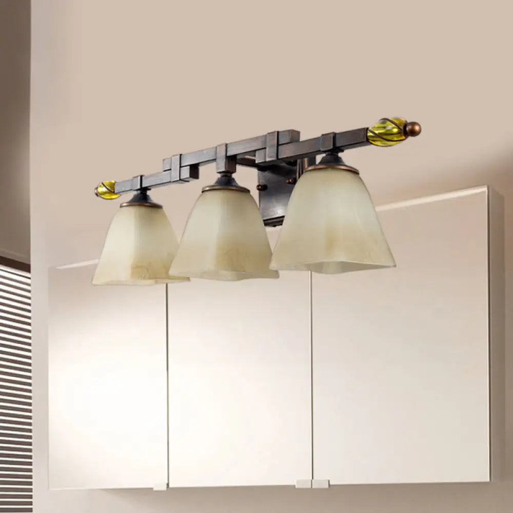 Country Style Frosted Glass Brass Vanity Lamp With Paneled Bell Design - 2/3 Lights Wall Sconce For