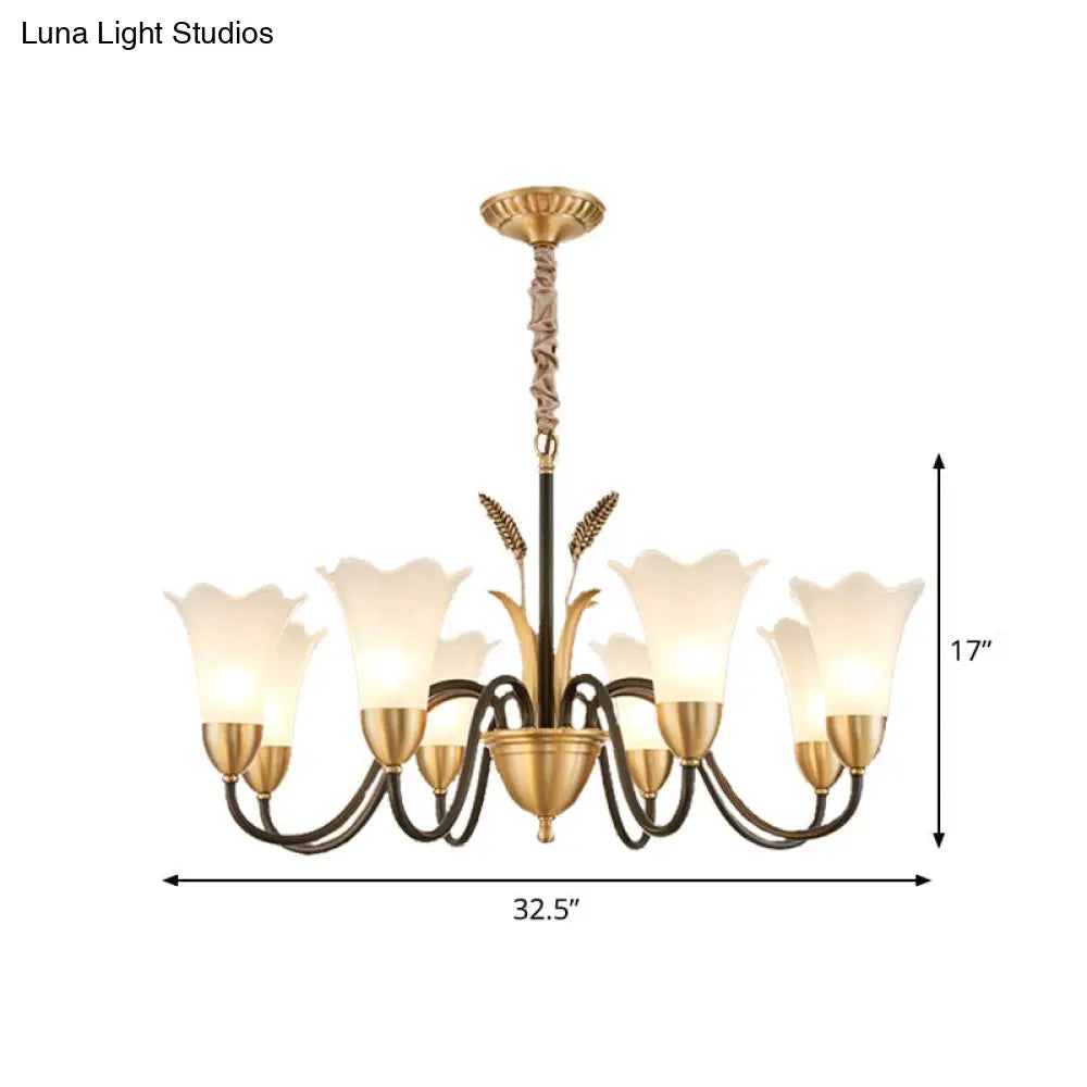 Country Style Mini Flower Pendulum Chandelier With Frosted Glass And Scroll Arm In Black/Gold - 6/8